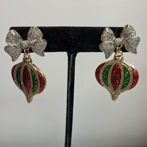 glitter red gold silver holiday ornament bow pierced earrings bold shimmer